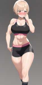 girl, very short hair, big eyes, fit body, sports bra, spats short, sweaty, embarrassed,  s-519886809.png
